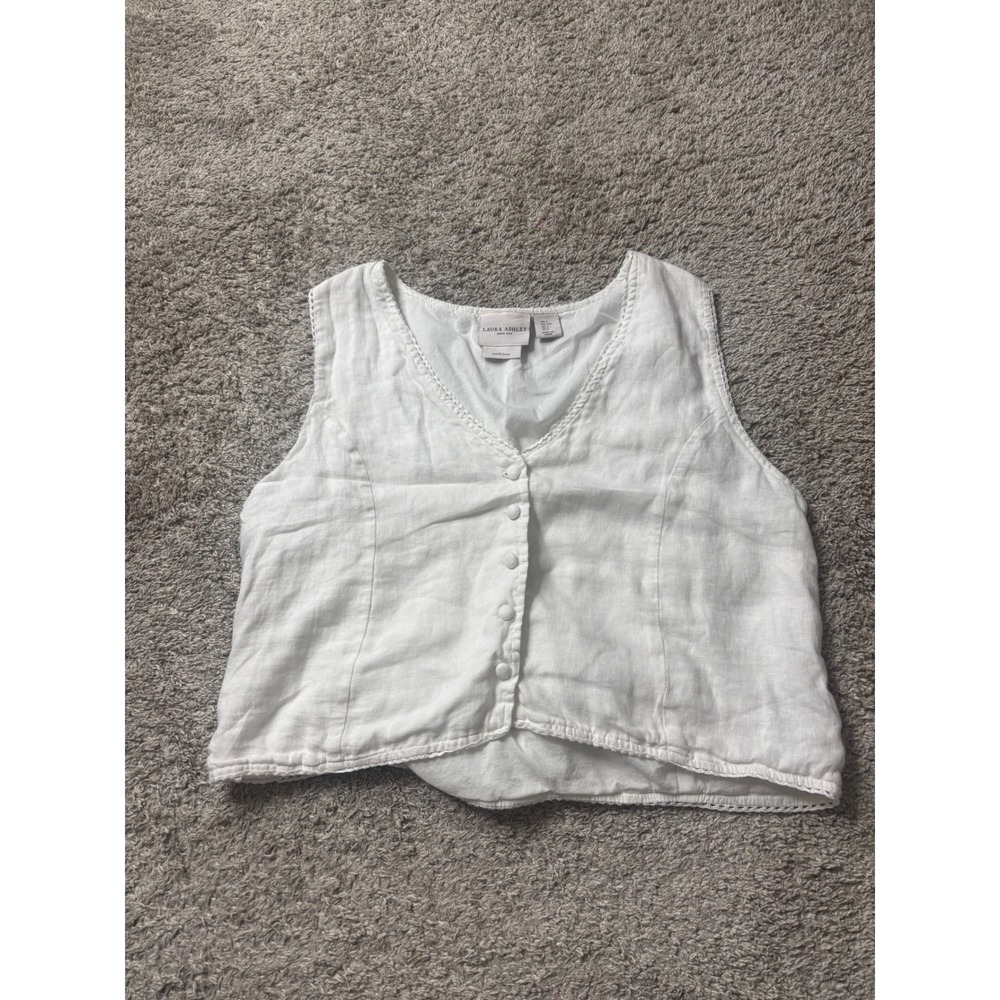 Laura Ashley White 100% Linen Button Front Vest Crochet Trim V-Neck Large